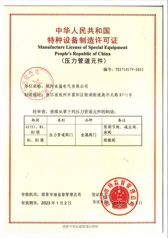 TS杭州良盛电气压力管道元件证